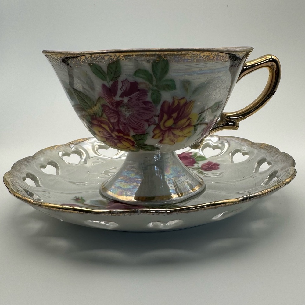 Vintage Ucagco Iridescent Lustre Teacup and Saucer Set - Floral Pattern